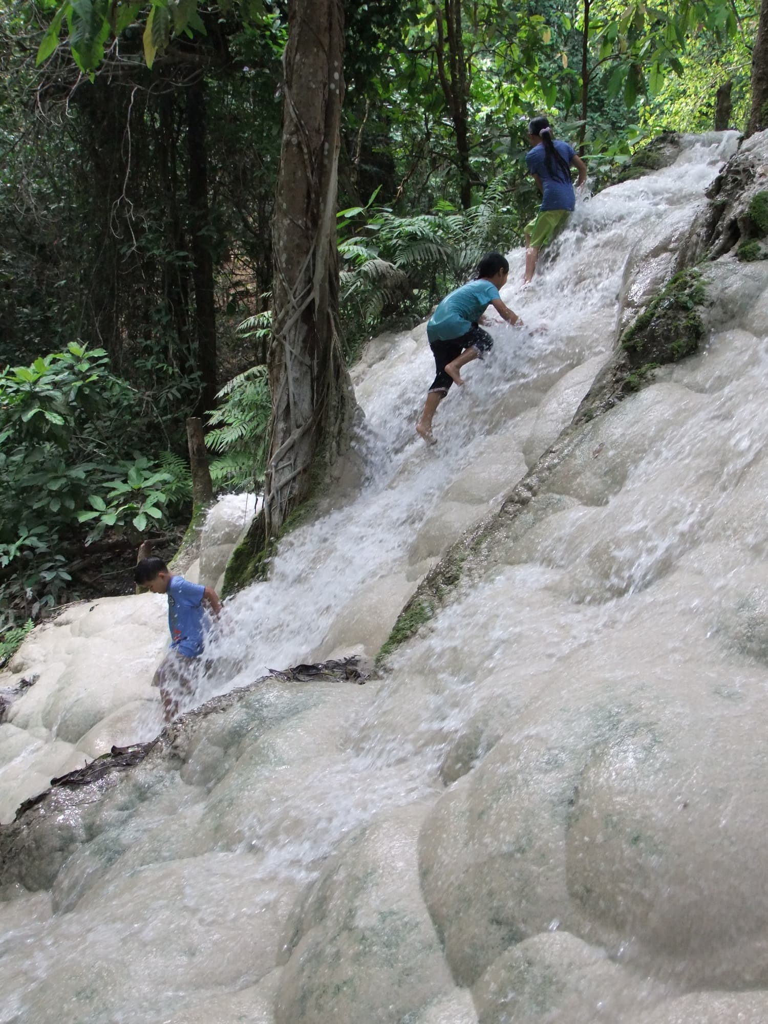 A traveller walking up the grippy limestone of the Sticky Waterfall