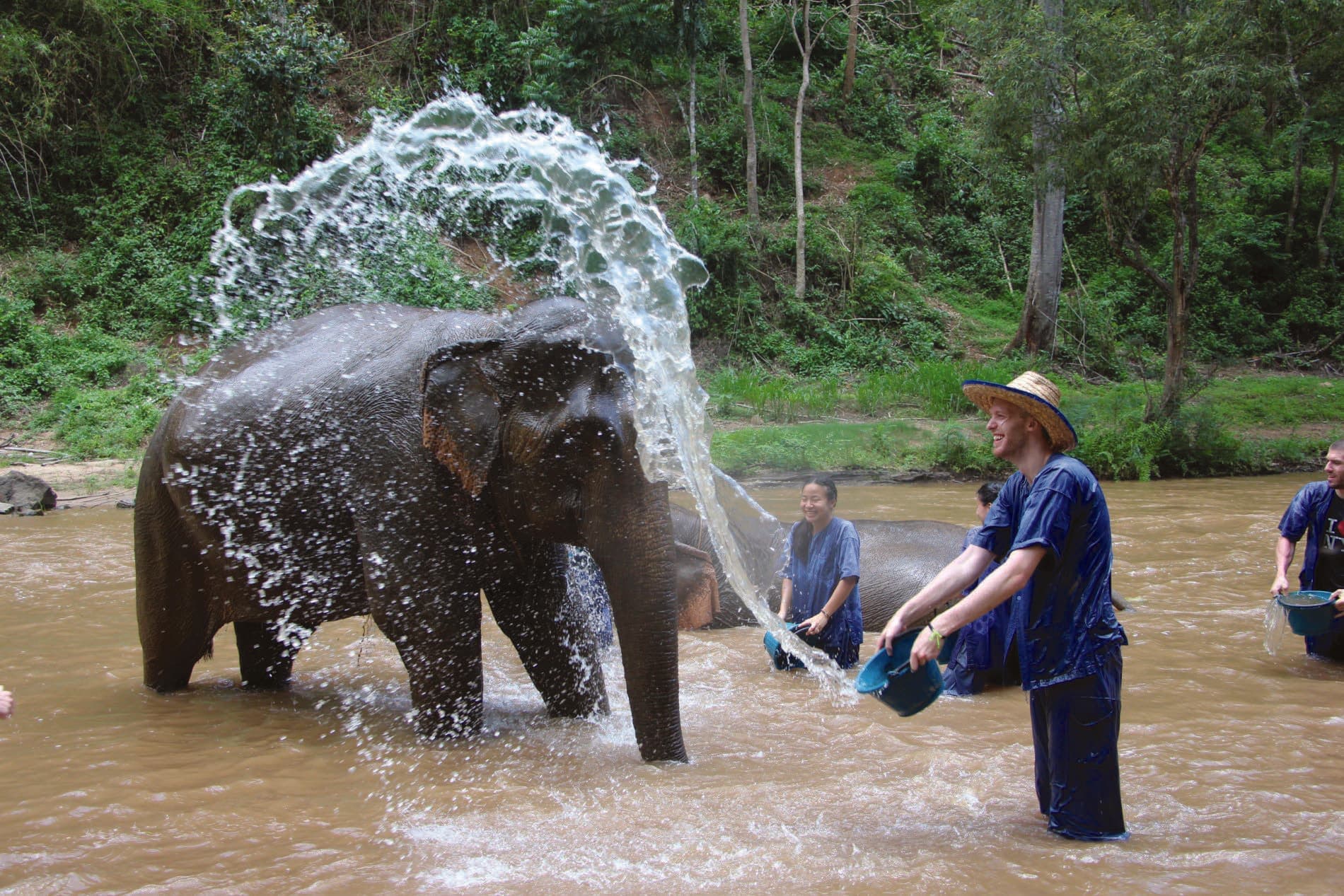 An elephant sprays river water while guests in blue uniforms splash it
