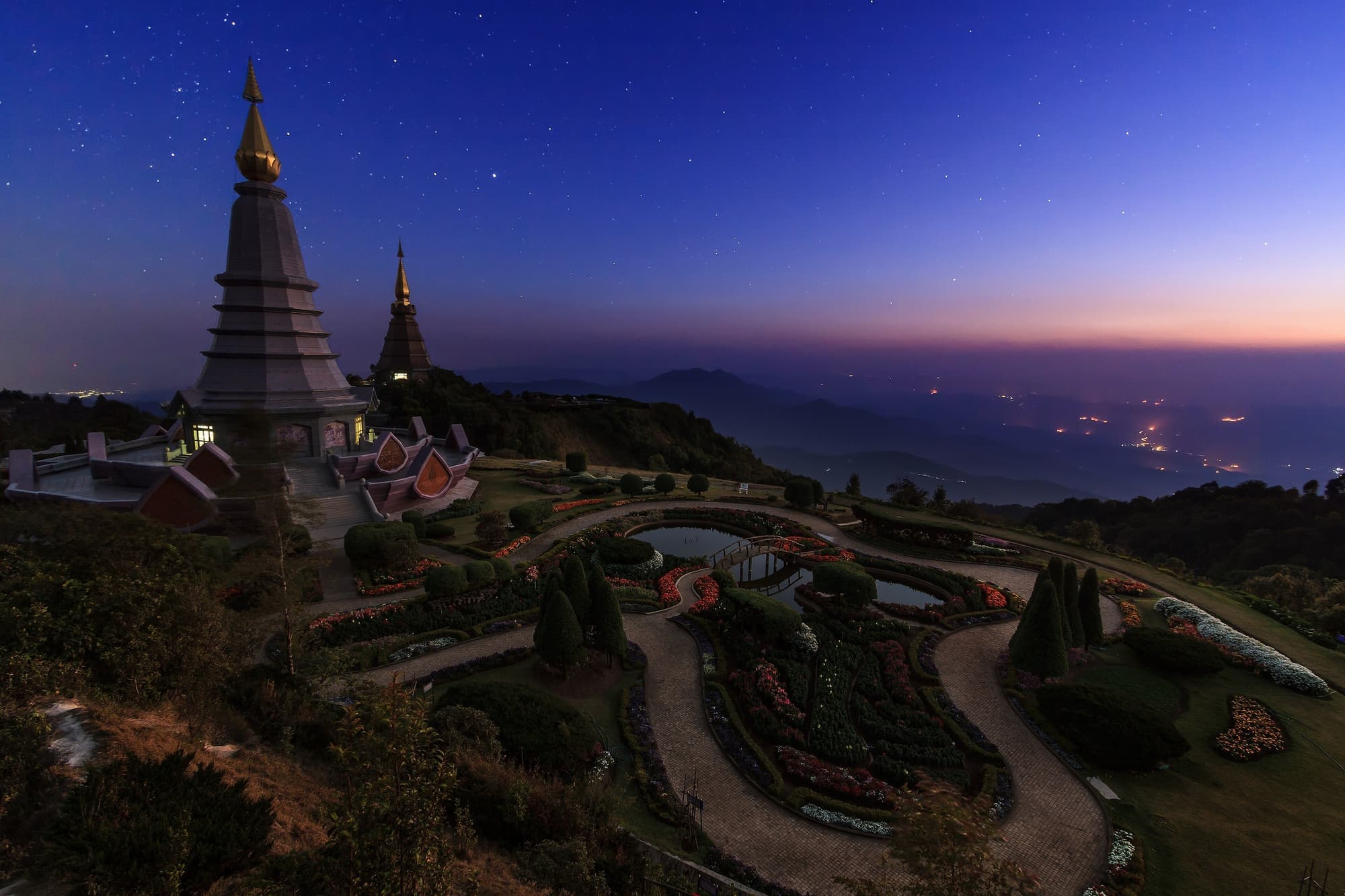 The twin royal pagodas of Doi Inthanon at blue hour