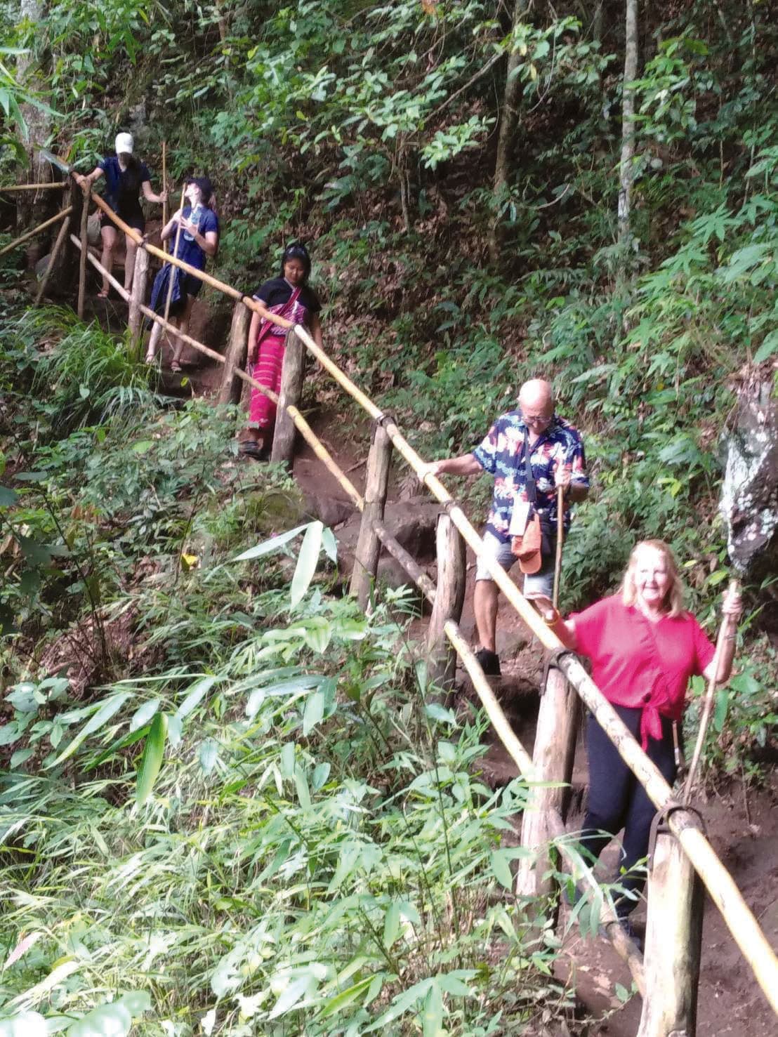 Northland guests climbing wooden stairs on the jungle trail