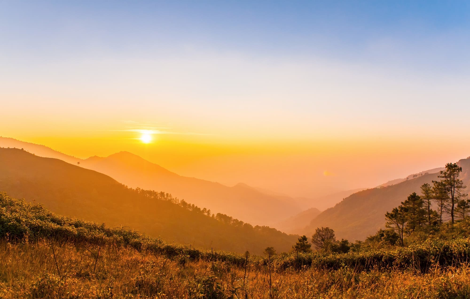 Hazy golden valleys below the summit road of Doi Inthanon